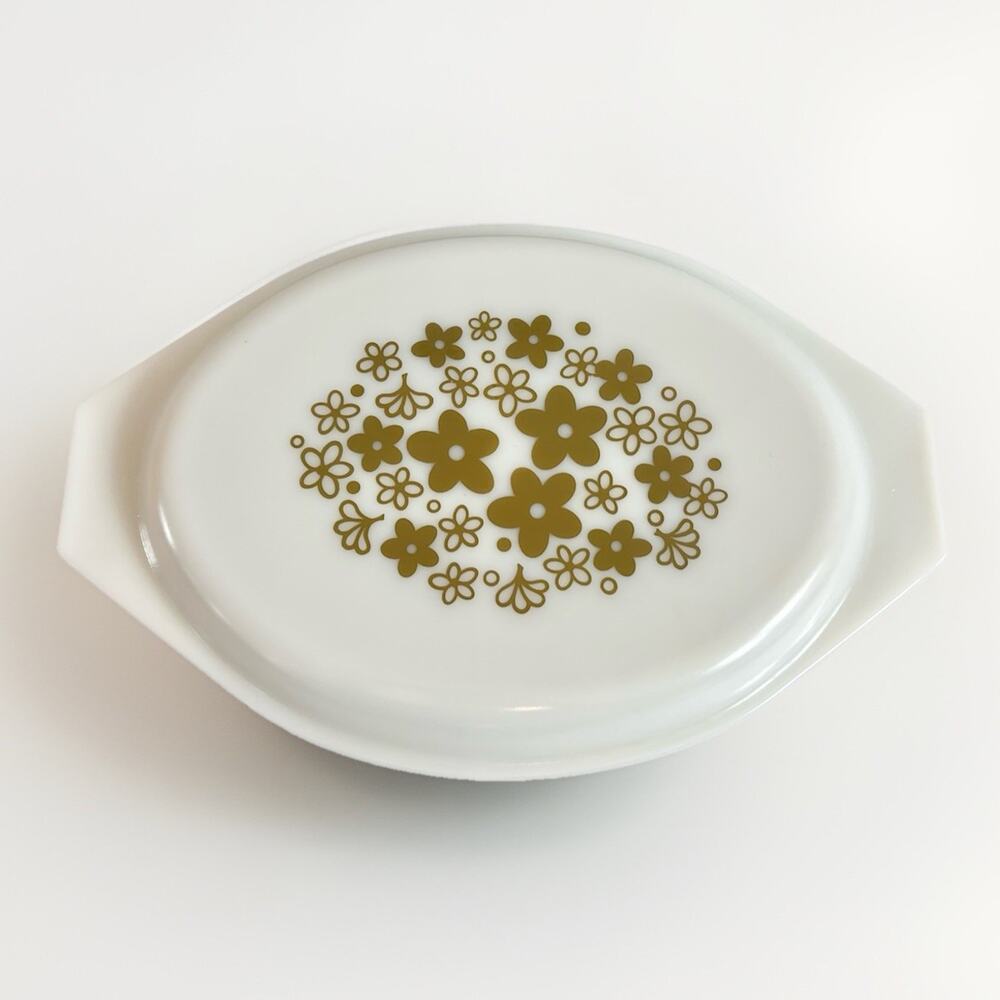 VTG Pyrex Spring Blossom 1 Quart Divided Casserole W/lid Crazy Daisy 70’s Green